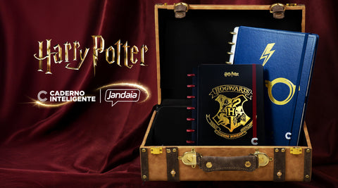 mala de viagem antiga aberta com cadernos harry potter dentro