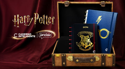 mala de viagem antiga aberta com cadernos harry potter dentro