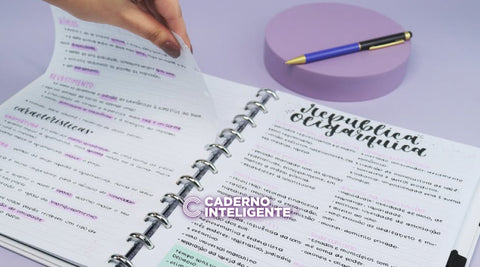 caderno inteligente aberto com resumos