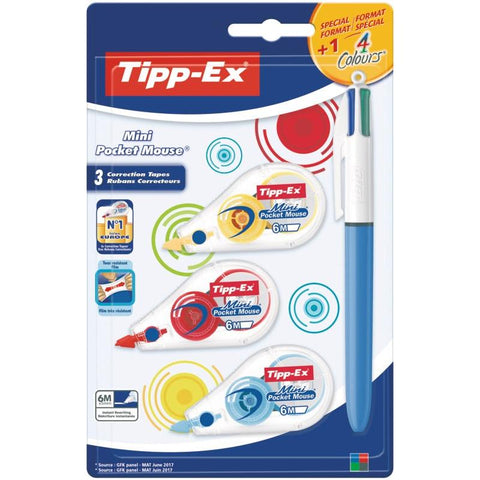 Pack Fita Corretora 5mmx6m e Esferográfica 4 Cores Tipp-Ex