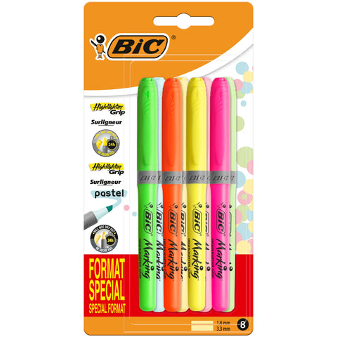 Sublinhadores Grip Fluorescentes Neon e Pastel 8 Unidades Bic