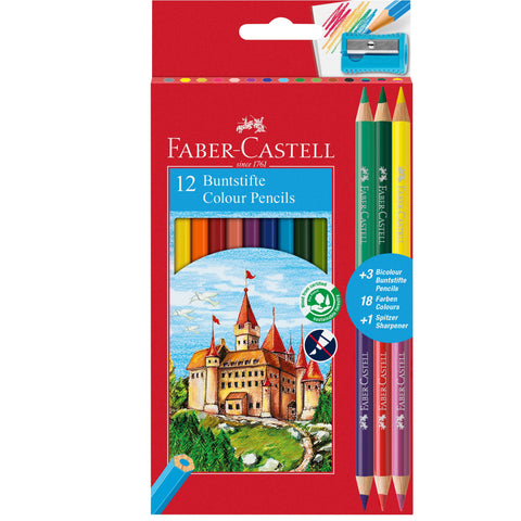 Lápis Cor 12 unidades + 3 Lápis Bicolor + Afia Faber Castell