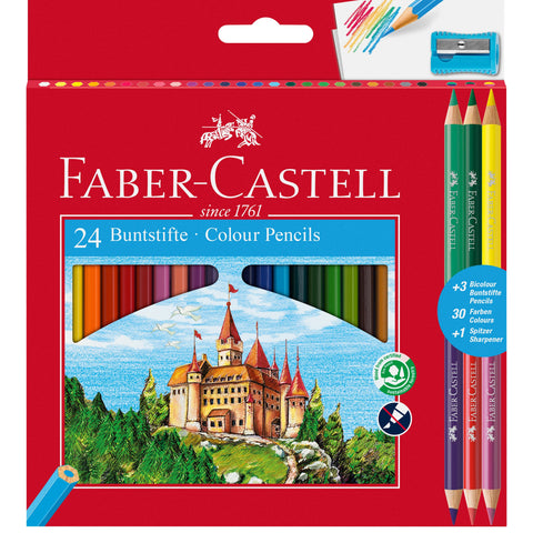 Lápis Cor 24 unidades + 3 Lápis Bicolor + Afia Faber Castell