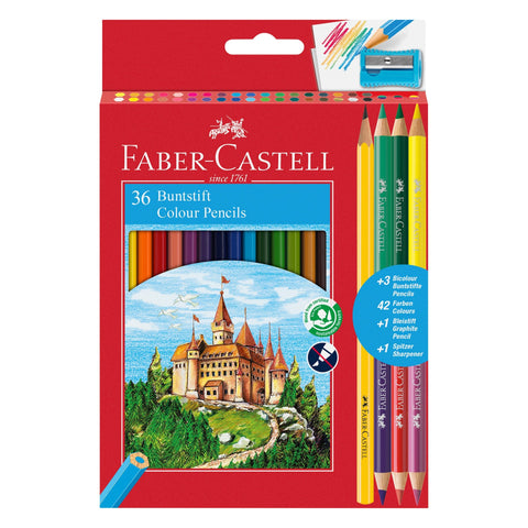 Pack de Colorir Lápis Cor 36 cores, 3 Lápis Bicolor e Afia Faber-Castell