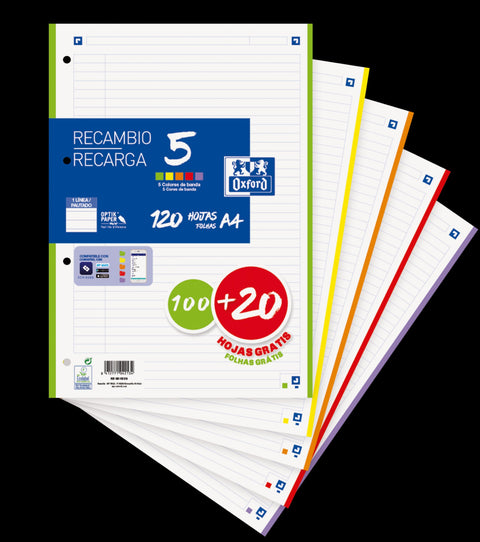 Recarga A4 100+20Folhas 90G Pautado 5 Cores