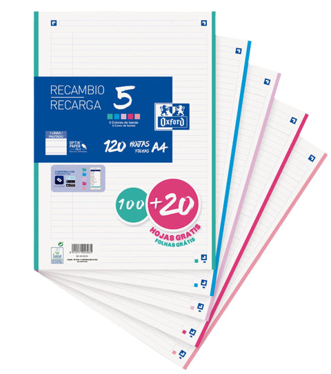 Recarga A4 120 Folhas Pautado 5 Cores Pastel Oxford