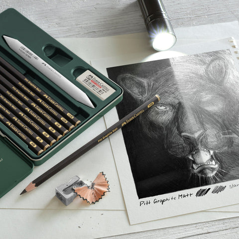 Pack 8 Lápis Grafite Pitt Matt, Esfuminho, Borracha e Afia com Caixa Metal Faber-Castell