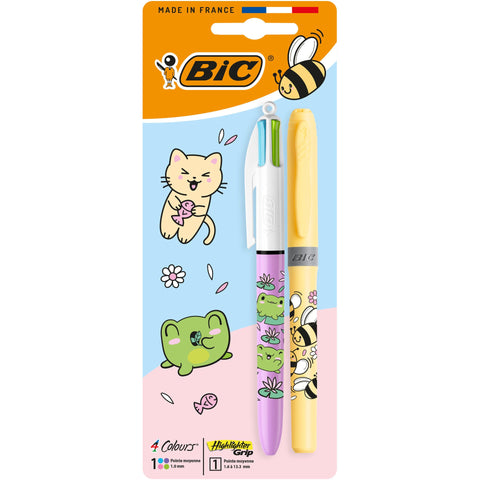 Esferográfica 4 Cores + Sublinhador Pastel Kawaii 2 Unidades