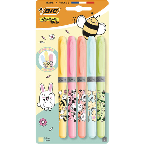 Sublinhadores Grip Fluorescente Pastel 5 Unidades Kawaii Bic