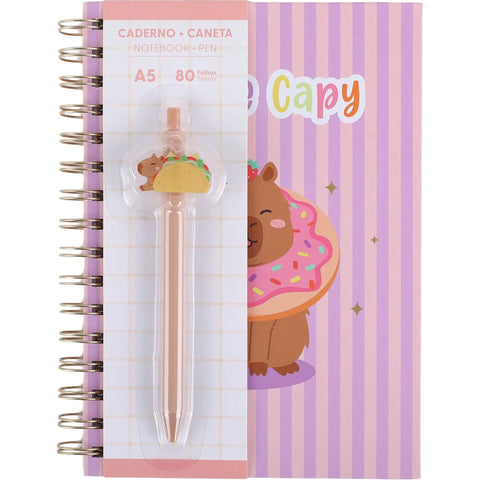 Caderno Espiral A5 Pautado com Caneta 80 Folhas Capívara