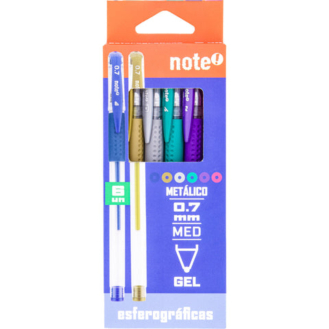 Esferográfica Tinta Gel Metalizadas 0.7mm 6 Unidades Note!