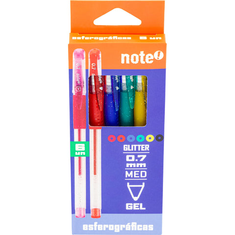 Esferográfica Tinta Gel Glitter 0.7mm 6 Unidades Note!