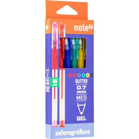 Esferográfica Tinta Gel Glitter 0.7mm 6 Unidades Note!
