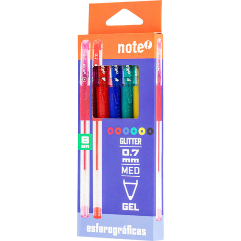 Esferográfica Tinta Gel Glitter 0.7mm 6 Unidades Note!