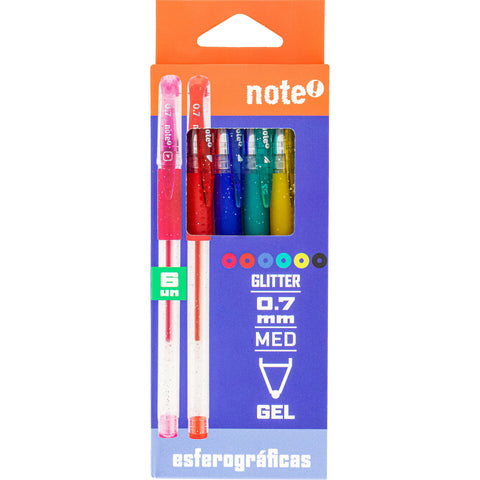 Esferográfica Tinta Gel Glitter 0.7mm 6 Unidades Note!