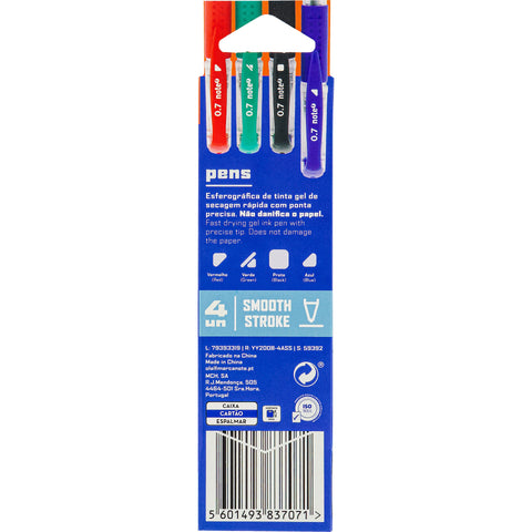 Esferográfica Tinta Gel Cores Sortidas 0.7mm 4 Unidades Note!