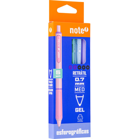 Esferográfica Tinta Gel Retratil 0.7mm Pastel 5 Unidades Note!