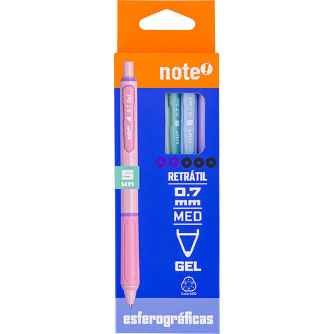 Esferográfica Tinta Gel Retratil 0.7mm Pastel 5 Unidades Note!