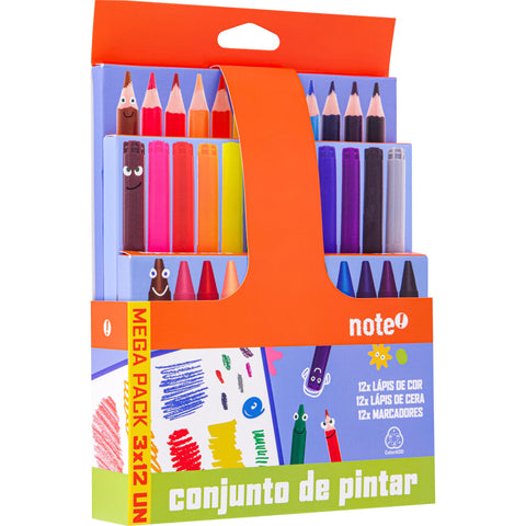 Pack Essenciais Colorir Marcadores de Colorir + Lápis de Cera + Lápis de Cor 36 Unidades Note!