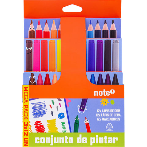 Pack Essenciais Colorir Marcadores de Colorir + Lápis de Cera + Lápis de Cor 36 Unidades Note!