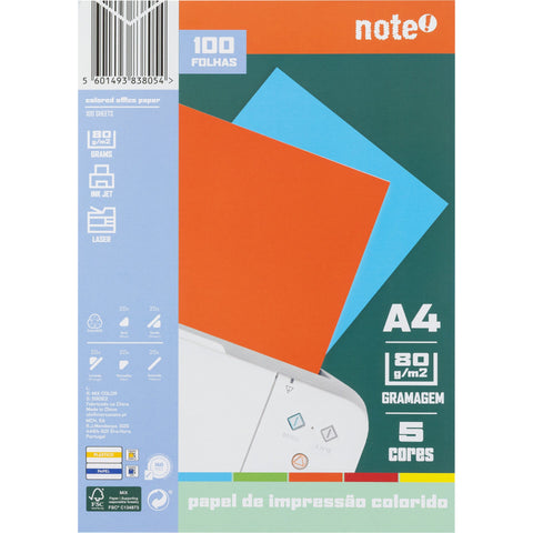Resma de Papel de Impressão A4 Colorido Tons Fortes 100 Folhas 80g/m2 Note!