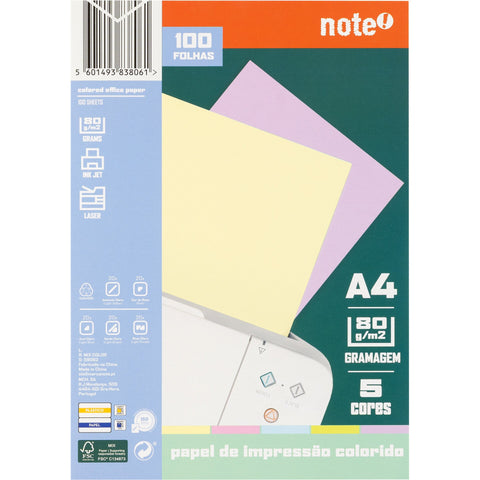 Resma de Papel de Impressão A4 Colorido Tons Suaves 100 Folhas 80g/m2 Note!