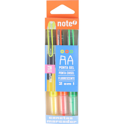 Caneta 2 em 1 Esferográfica Gel + Sublinhador Neon 3 Unidades Note!