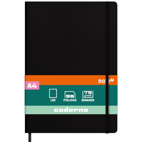 Caderno Agrafado A4 Capa Dura Preta com Elástico Liso Note!
