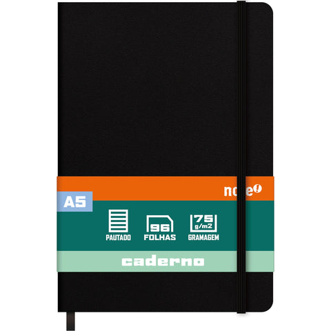 Caderno Agrafado A5 Capa Dura Preta com Elástico Pautado Note!