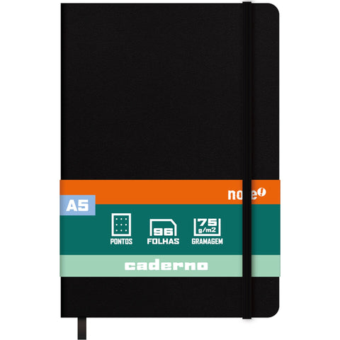 Caderno Agrafado A5 Capa Dura Preta com Elástico Pontilhado Note!